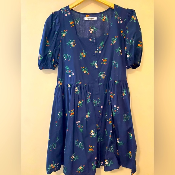 Adorable navy/floral cotton dress with puff sleeves - Picture 1 of 8